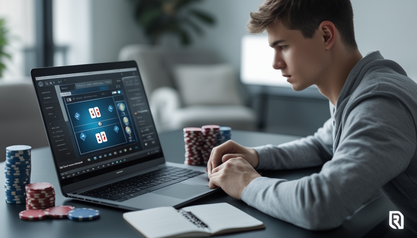 Seorang pria muda sedang fokus bermain poker online di depan laptop dengan chip dan kartu di meja.