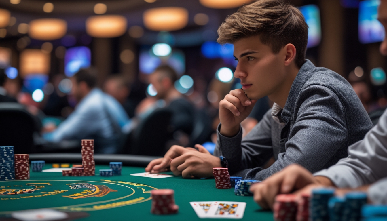Seorang pria muda fokus bermain poker di meja turnamen dengan tumpukan chip dan kartu bermain di depan.