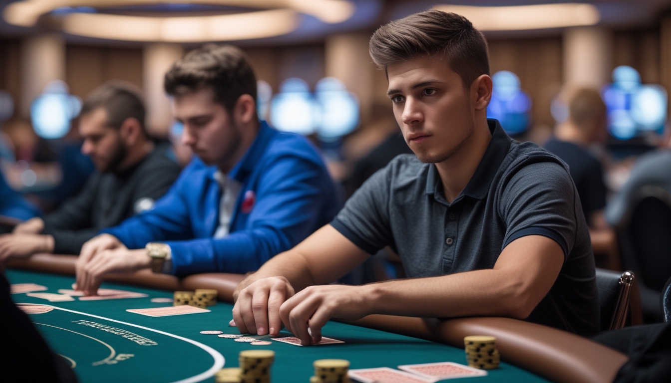 Seorang pemain poker muda yang fokus duduk di meja turnamen dengan kartu dan chip poker di depan, dikelilingi pemain lain di kasino.