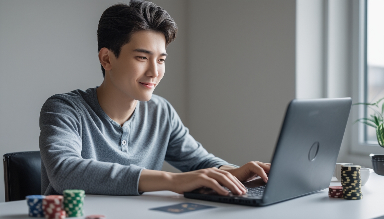 Seorang dewasa muda yang fokus bermain poker online di depan laptop dengan ekspresi tenang dan lingkungan kerja yang rapi.