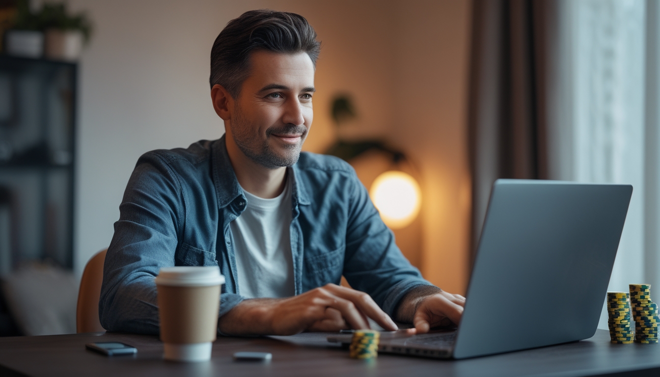 Seorang pria dewasa duduk di meja rumah sambil bermain poker online di laptop dengan ekspresi tenang dan fokus.