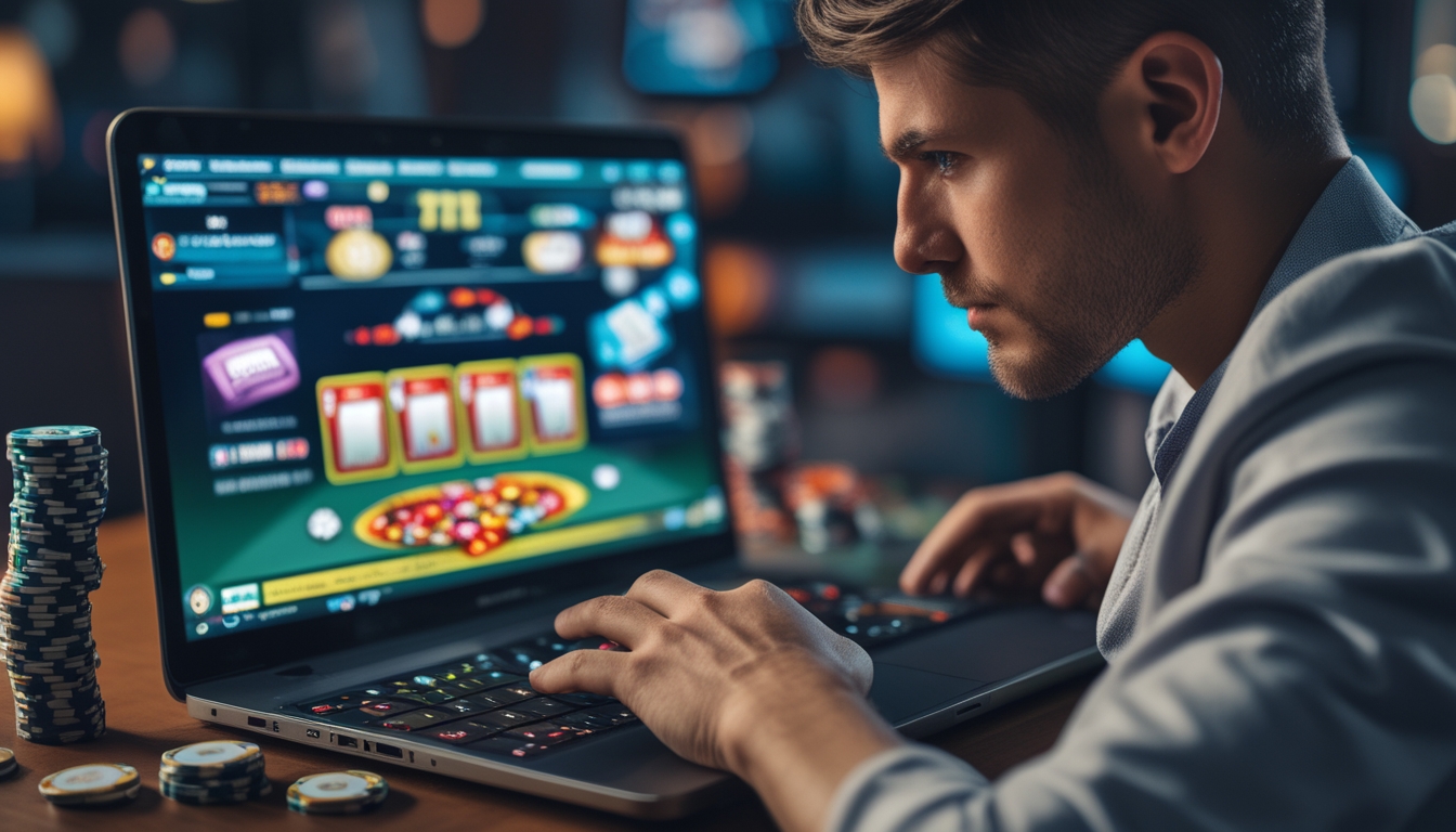 Seorang pemain poker online sedang fokus menganalisis permainan di depan laptop dengan tumpukan chip poker di sampingnya.