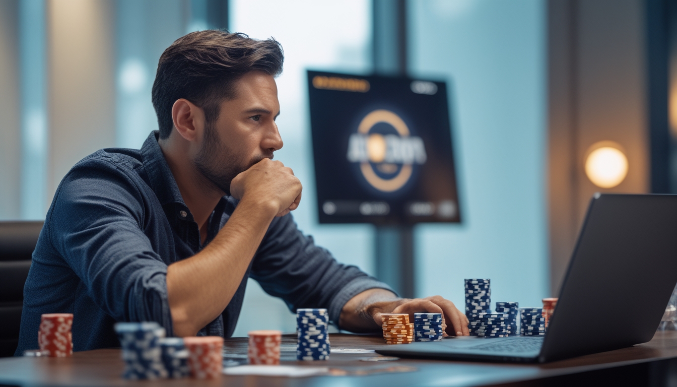 Seorang pemain poker fokus sedang bermain poker online di depan laptop dengan chip dan kartu di atas meja.