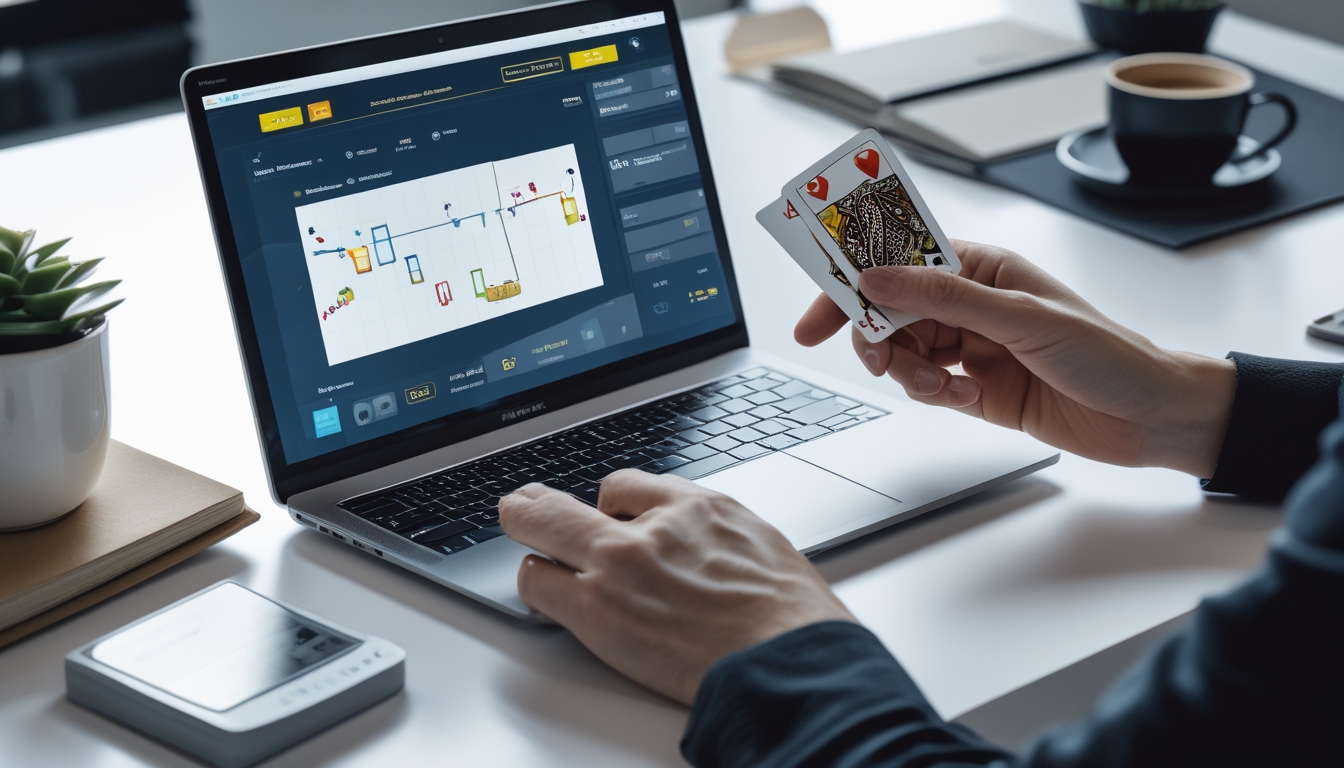 Seorang individu sedang menggunakan laptop dengan tampilan permainan poker dan grafik statistik, sambil memegang kartu dan menggunakan kalkulator di meja kerja.