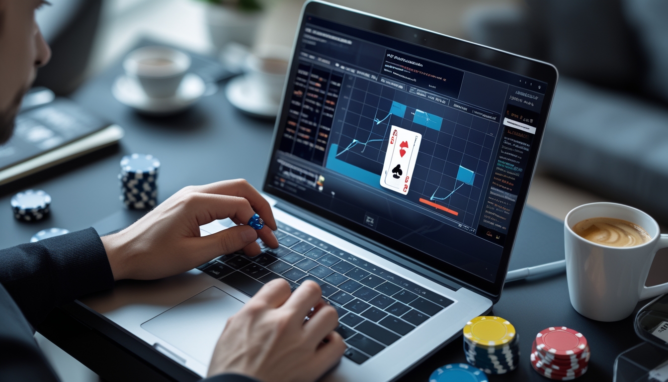 Seorang individu sedang bekerja di depan laptop dengan kartu poker dan grafik statistik, dikelilingi chip poker dan alat tulis di meja kerja.