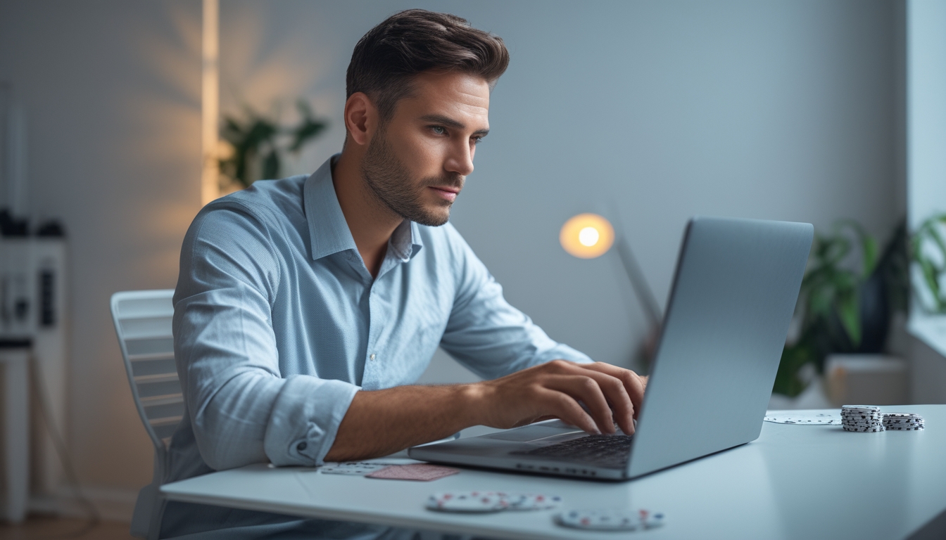 Seorang pria sedang bermain poker online di laptop di sebuah ruangan dengan meja dan dekorasi sederhana.