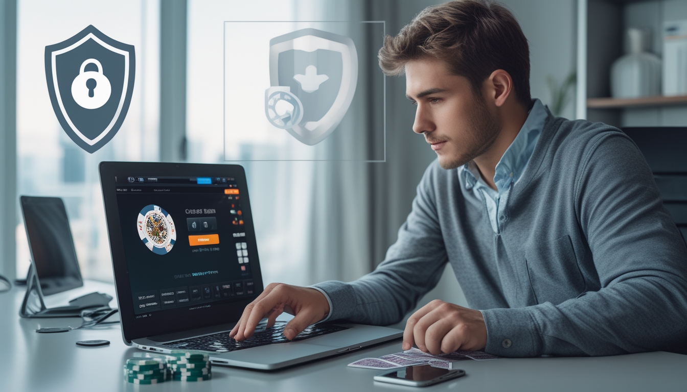 Seorang dewasa muda duduk di meja dengan laptop, fokus bermain poker online dengan chip dan ponsel di dekatnya.