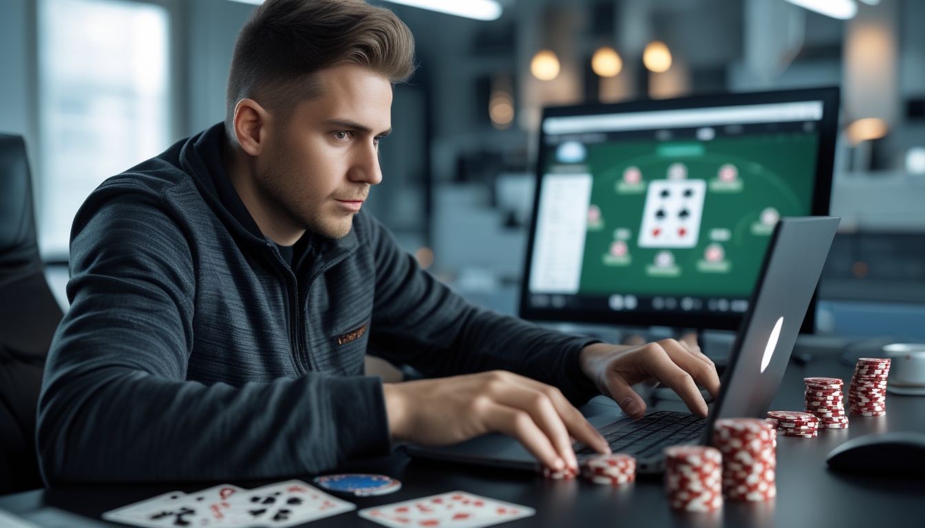 Seseorang sedang bermain poker online dengan fokus di depan laptop di ruangan modern, termasuk chip dan kartu poker.