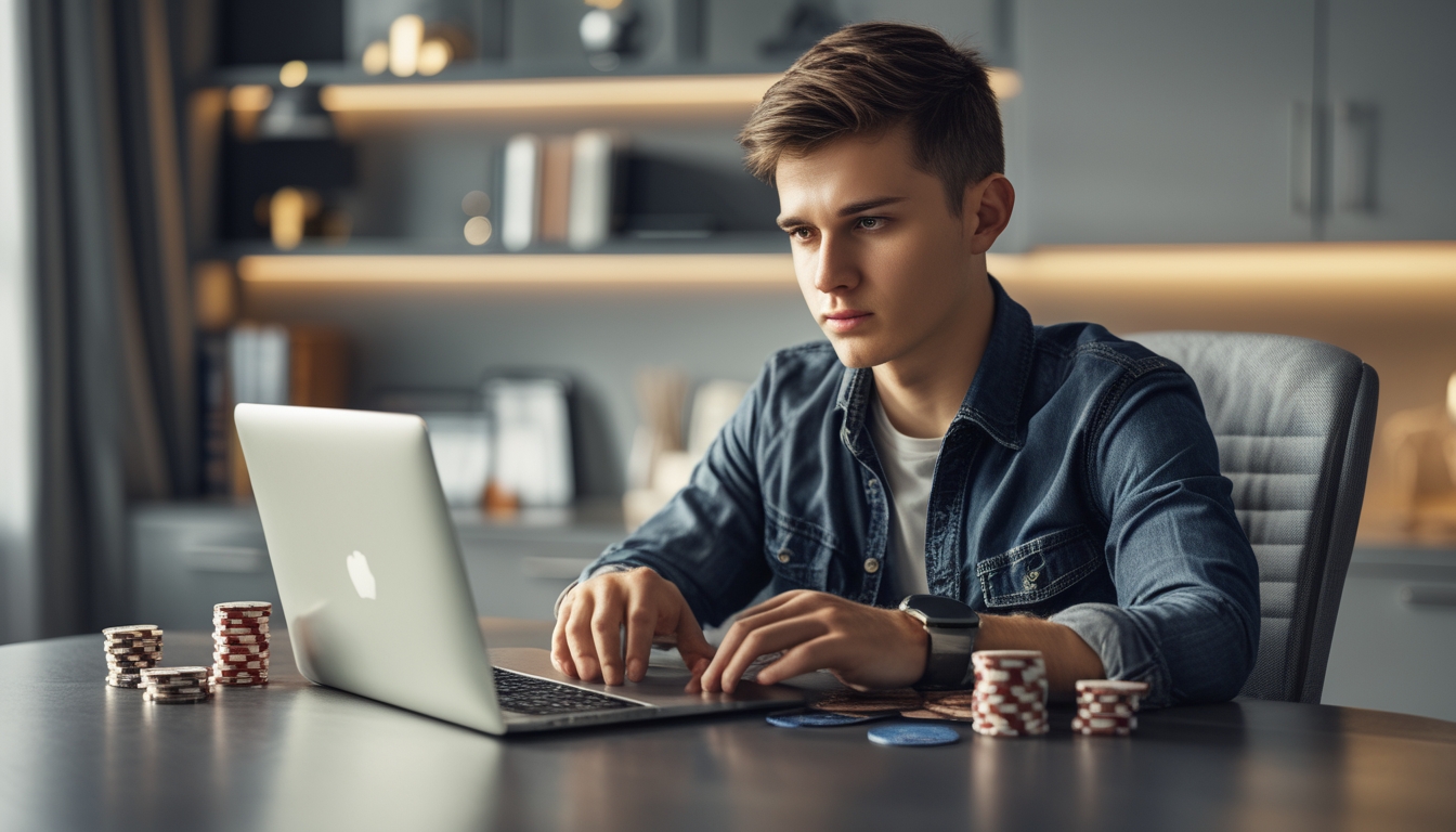 Seorang dewasa muda fokus bermain poker online di laptop di ruang kerja modern dengan kartu dan chip poker di meja.