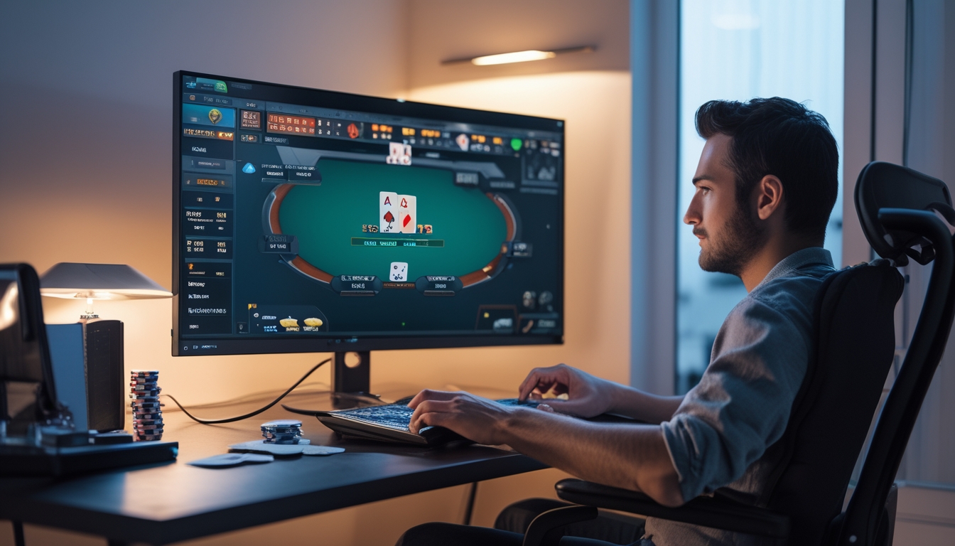 Seorang pria fokus bermain poker online di depan komputer di ruangan yang tenang dan sepi pada malam hari.
