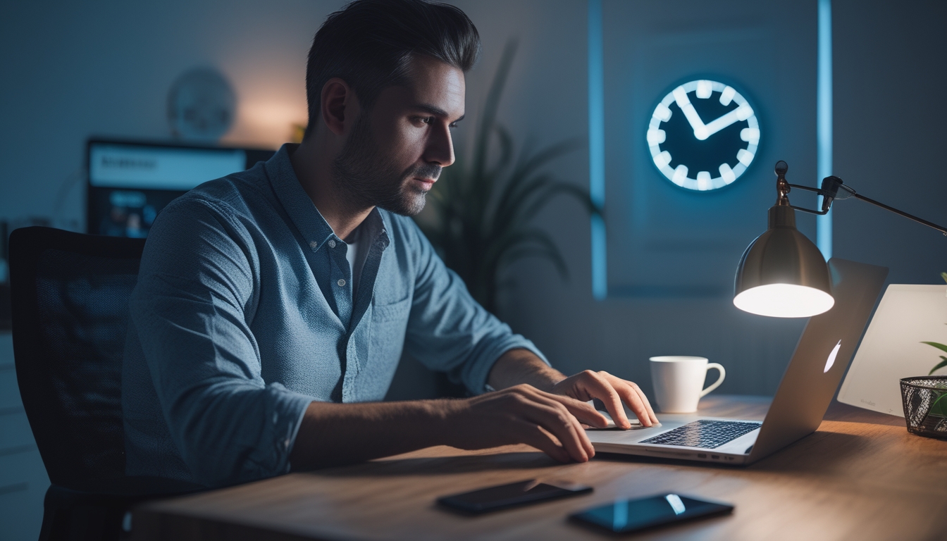 Seorang pria dewasa bermain poker online di laptop di ruang kerja rumah yang tenang pada malam hari.