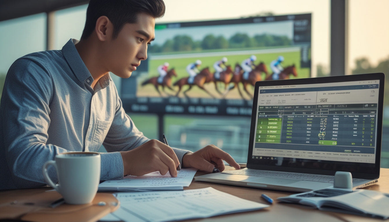 Seorang pria muda sedang menganalisis data balap kuda di laptop dengan layar balapan kuda langsung di latar belakang.