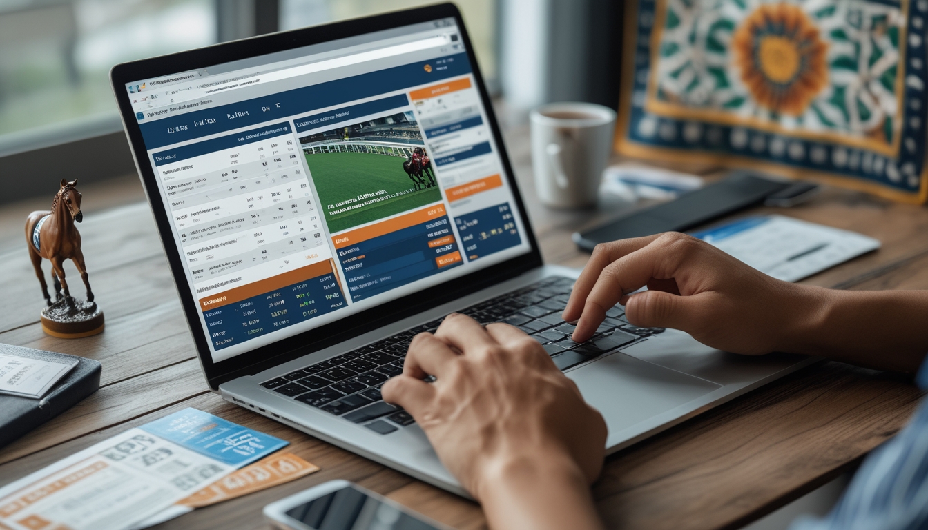 Seseorang menggunakan laptop dengan tampilan situs taruhan kuda pacuan online, dikelilingi oleh miniatur kuda dan tiket balap, dengan latar belakang elemen budaya Indonesia.