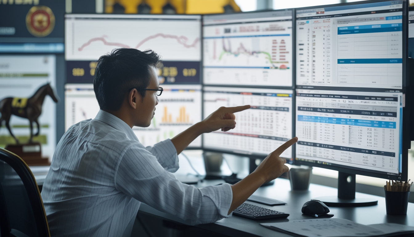 Seorang analis sedang memeriksa data dan grafik tentang pacuan kuda di sebuah meja kerja dengan beberapa layar komputer.