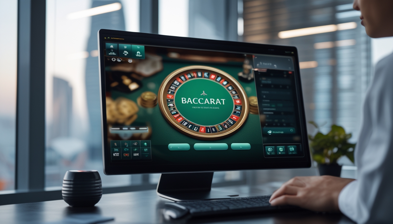 Seorang pengguna sedang bermain baccarat online di komputer dengan latar belakang yang menunjukkan transaksi cepat dan aman di Indonesia.