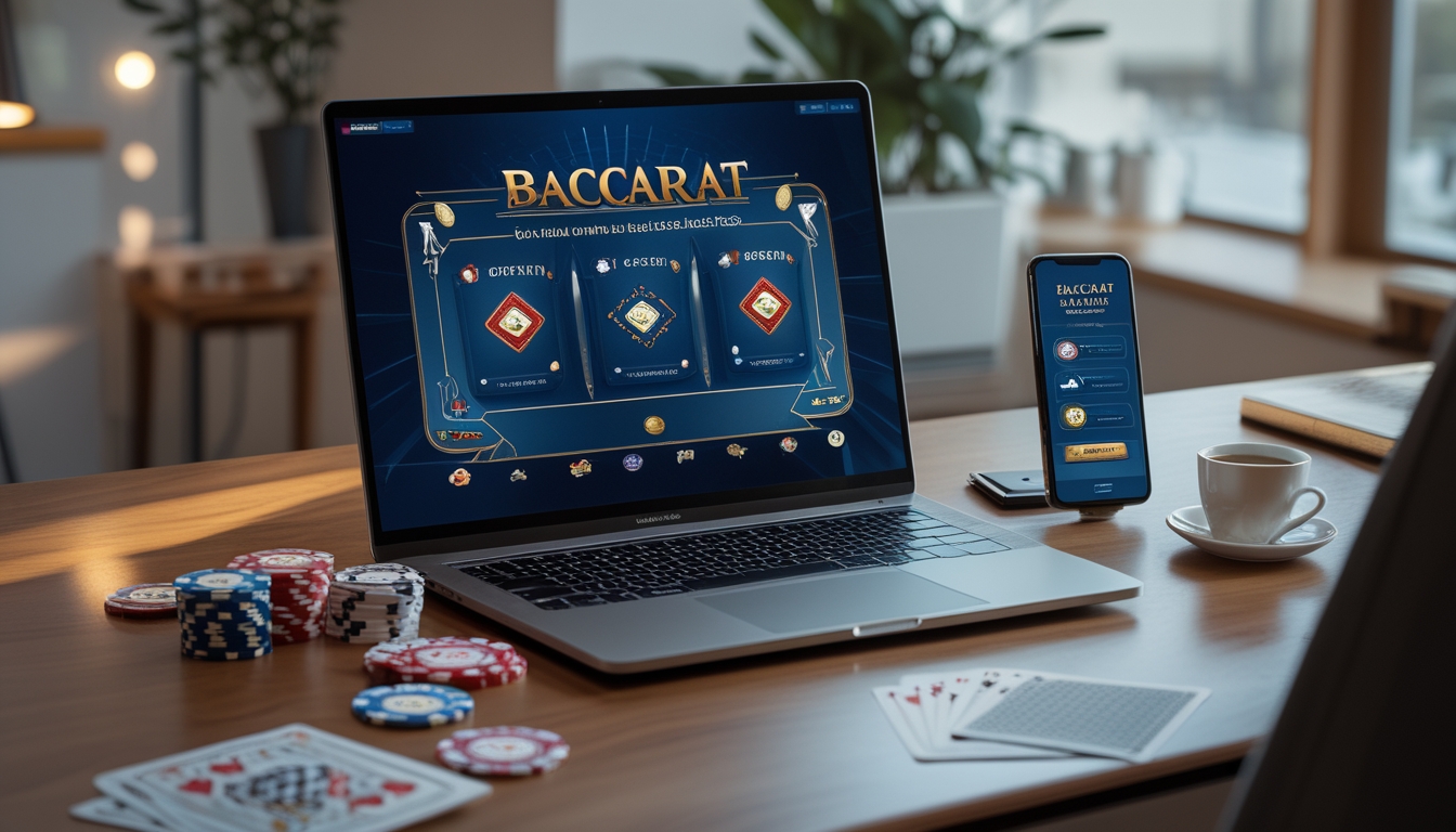 Sebuah laptop dengan permainan baccarat online ditampilkan di layar, dikelilingi oleh chip kasino dan kartu remi di atas meja kayu di ruangan yang terang dan rapi.
