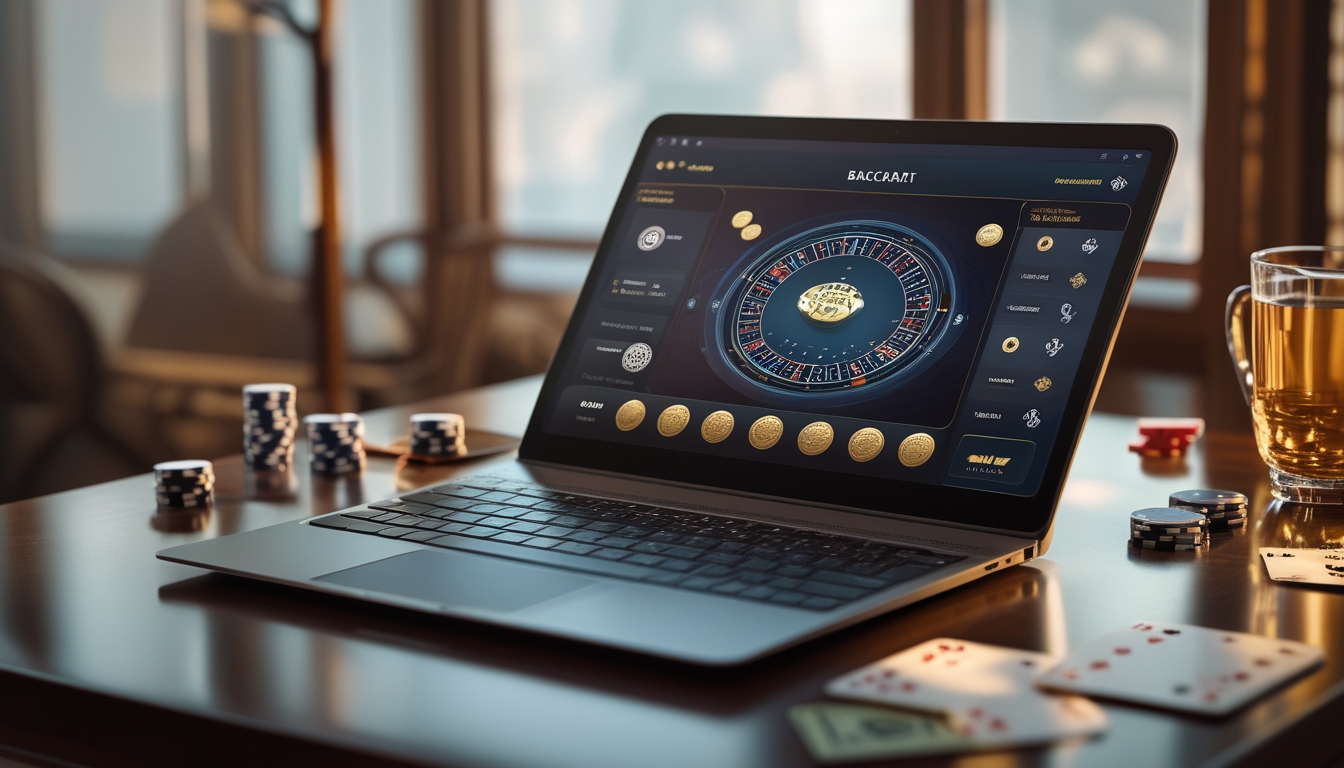 Seorang pengguna sedang bermain baccarat online di perangkat modern dengan kartu dan chip di meja.