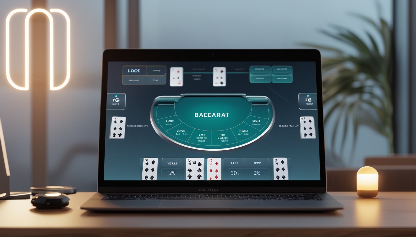 Tampilan komputer dengan platform baccarat online yang aman dan profesional di atas meja kayu, menampilkan suasana yang tenang dan terang.