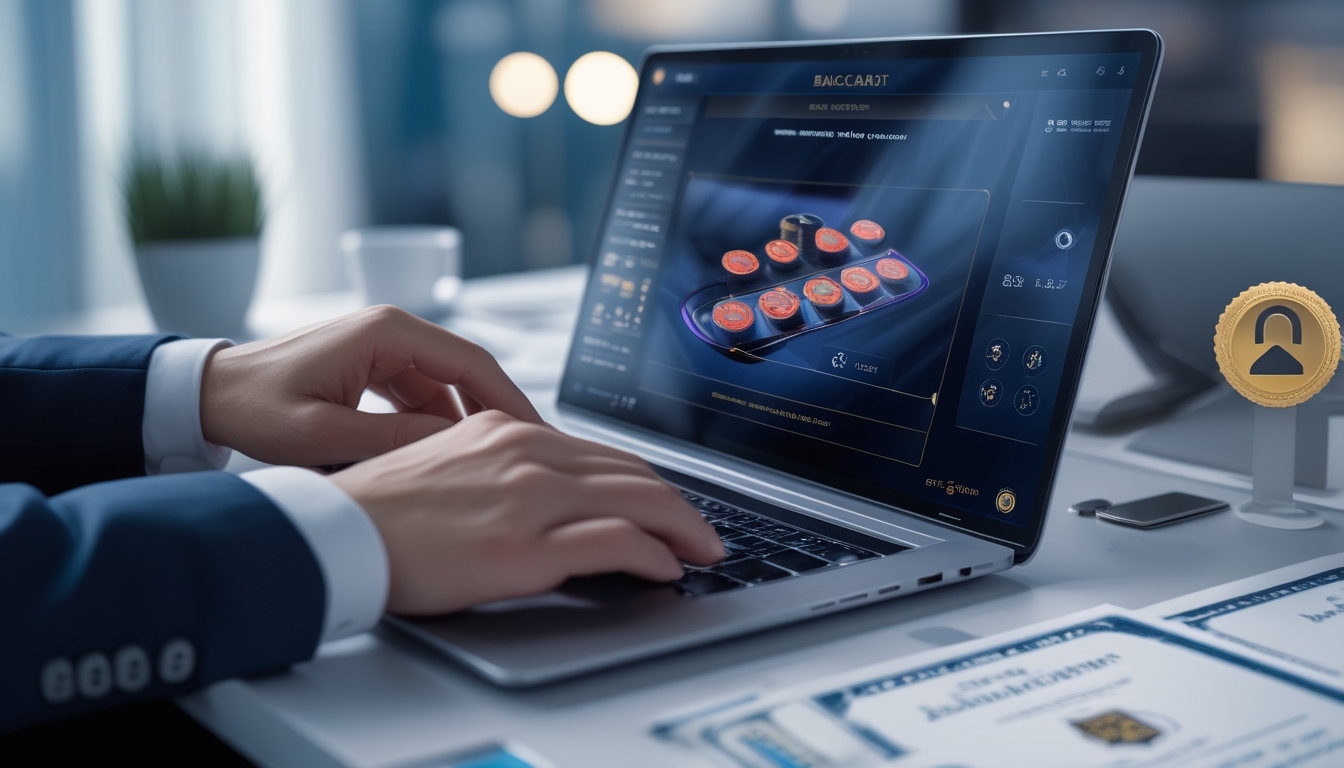 Seorang pria atau wanita menggunakan komputer untuk bermain baccarat online di meja kerja yang rapi dengan simbol keamanan dan sertifikat di sekitarnya.