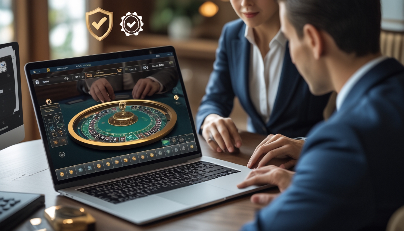 Seseorang menggunakan komputer dengan tampilan permainan baccarat online dan simbol keamanan di sekitarnya.