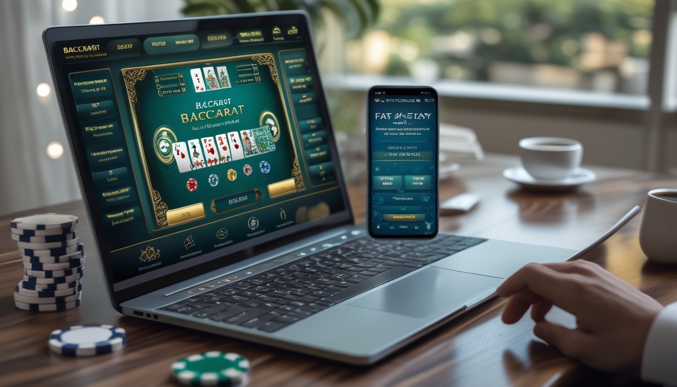 Seorang pemain menggunakan laptop dan ponsel untuk bermain baccarat online di lingkungan rumah yang nyaman.