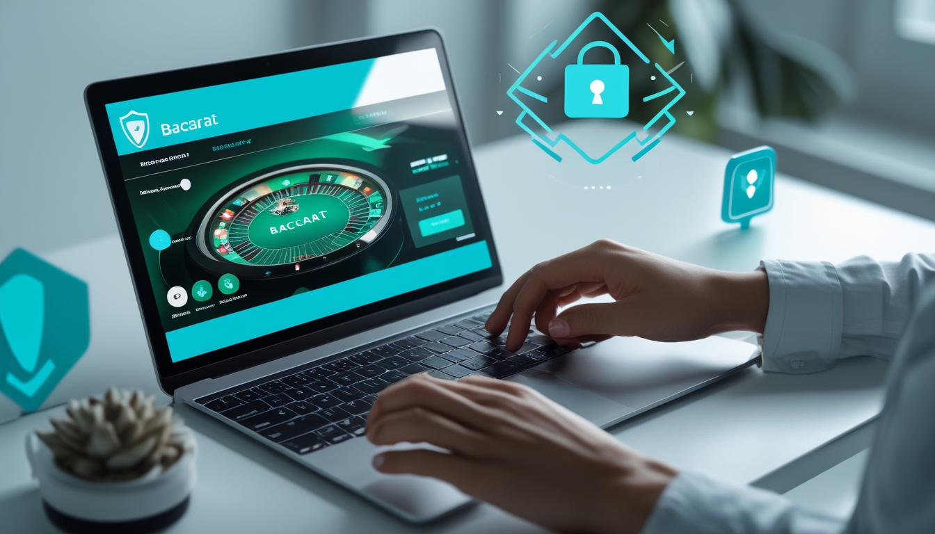 Seorang pengguna sedang bermain baccarat online di komputer dengan simbol keamanan di sekitar layar.