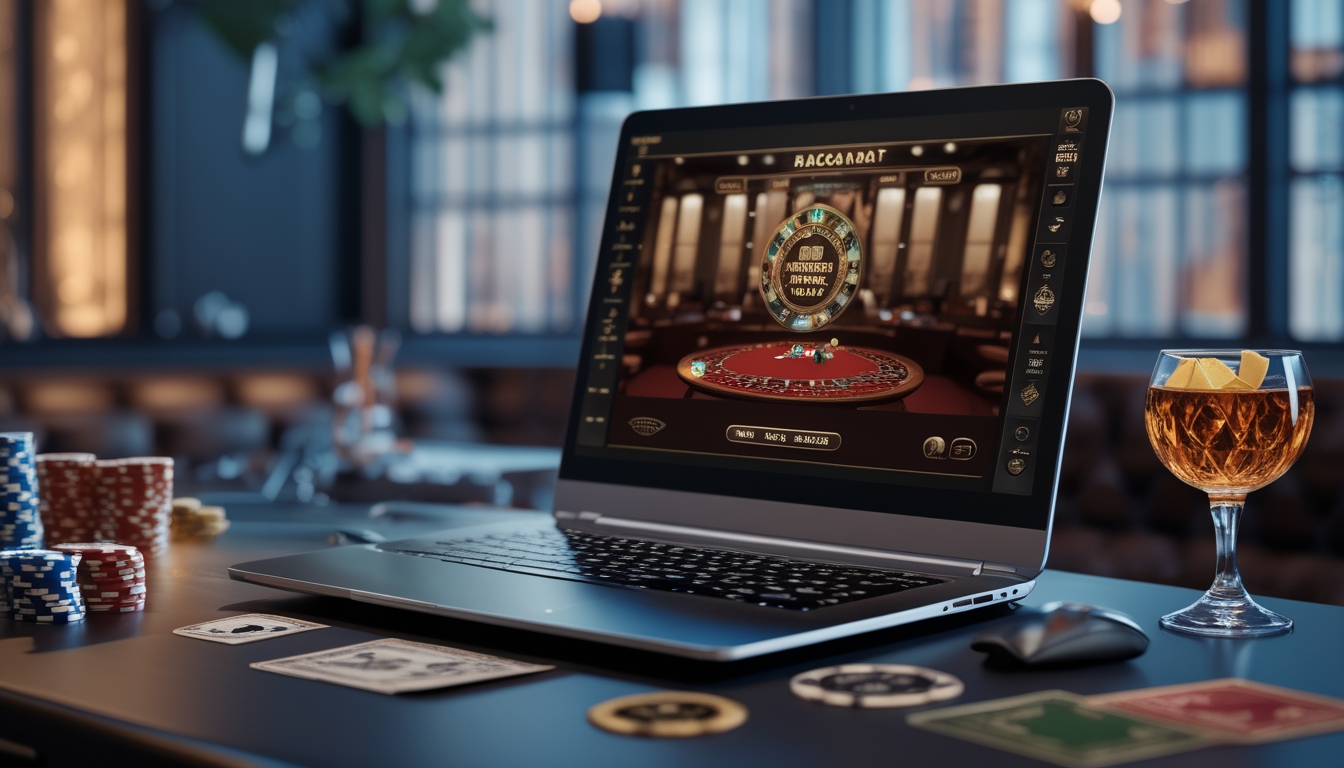 Sebuah meja dengan komputer menampilkan permainan baccarat dengan dealer langsung, dikelilingi chip kasino dan minuman di ruangan bermain yang elegan.