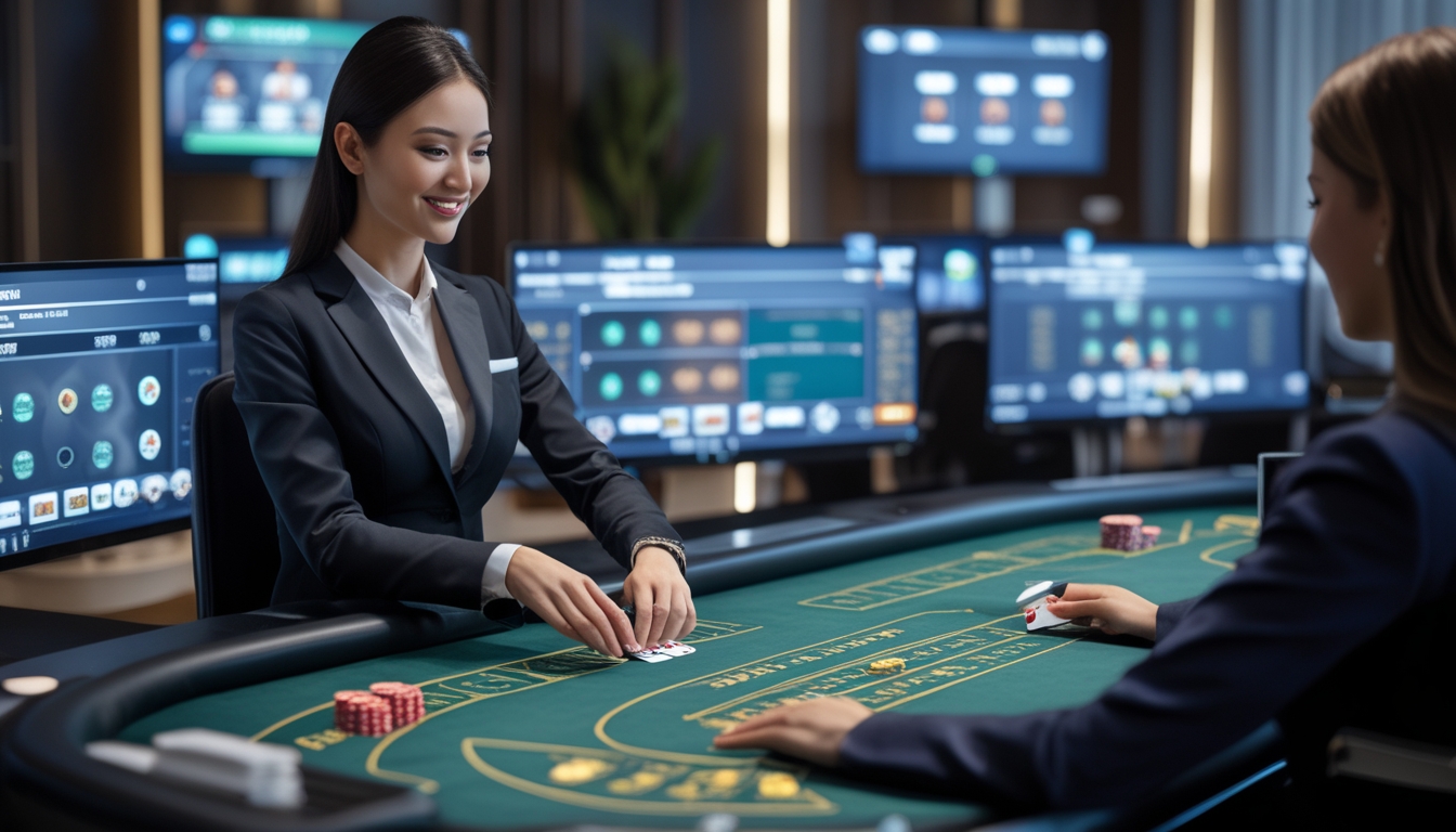 Seorang dealer wanita sedang membagikan kartu di meja baccarat dengan layar komputer menampilkan permainan baccarat online di latar belakang.