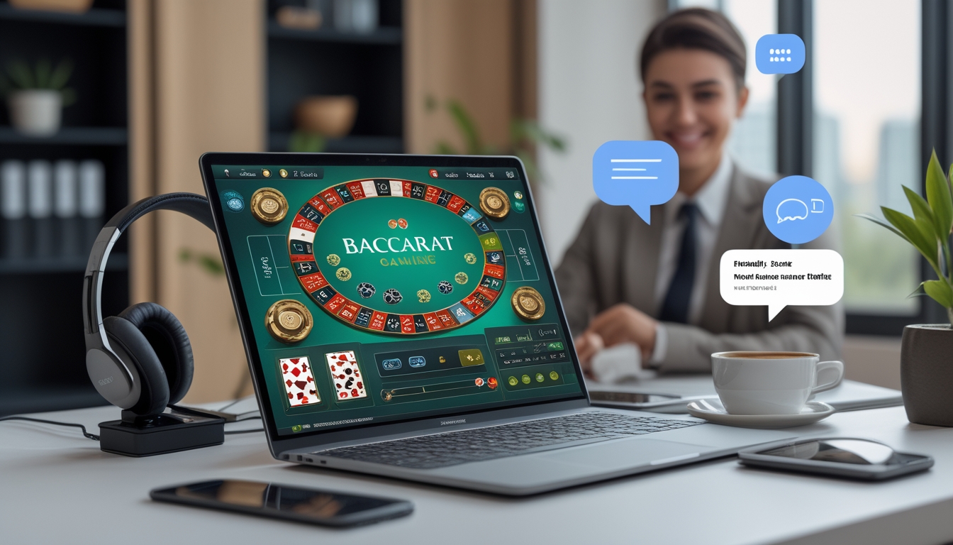 Seorang pelanggan menggunakan komputer dengan permainan baccarat online, didampingi oleh staf layanan pelanggan yang ramah di lingkungan kerja yang rapi.