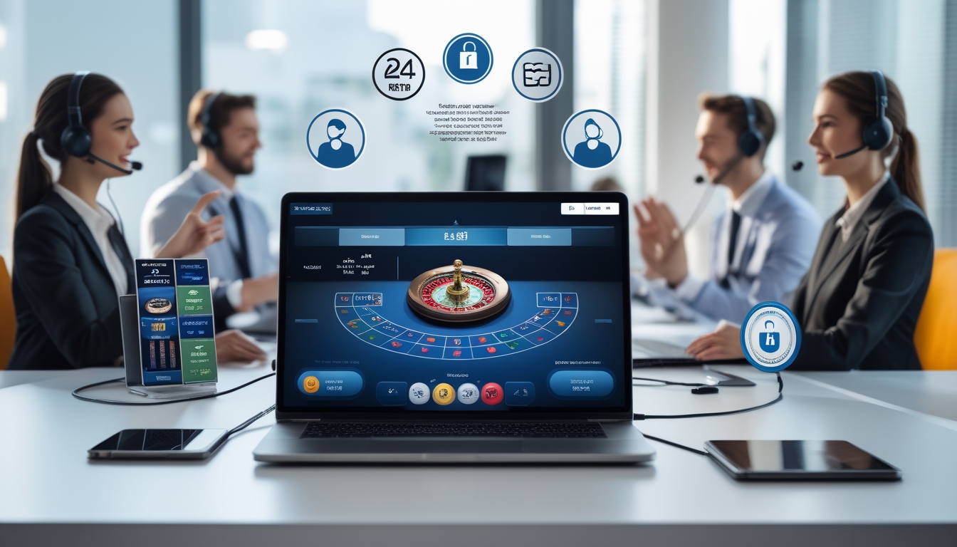 Seorang pelanggan menggunakan laptop dan ponsel untuk bermain baccarat online dengan staf layanan pelanggan yang ramah di latar belakang kantor modern.