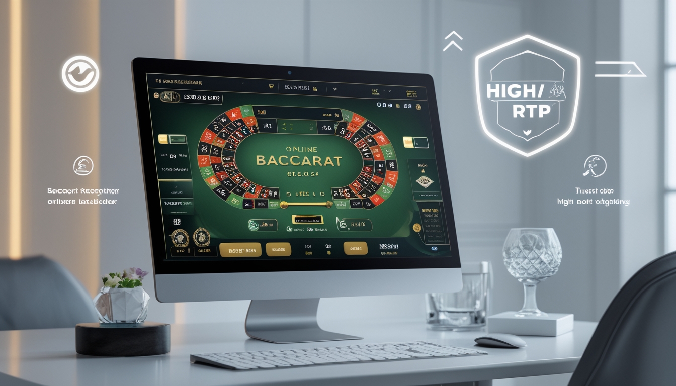 Sebuah layar komputer menampilkan permainan baccarat online dengan kartu dan chip, dikelilingi simbol keamanan dan keadilan.