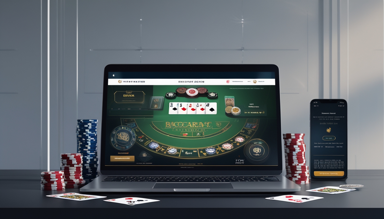 Sebuah laptop menampilkan permainan baccarat online dengan kartu dan chip kasino di sekitarnya, menggambarkan suasana permainan kasino daring yang resmi dan terpercaya.