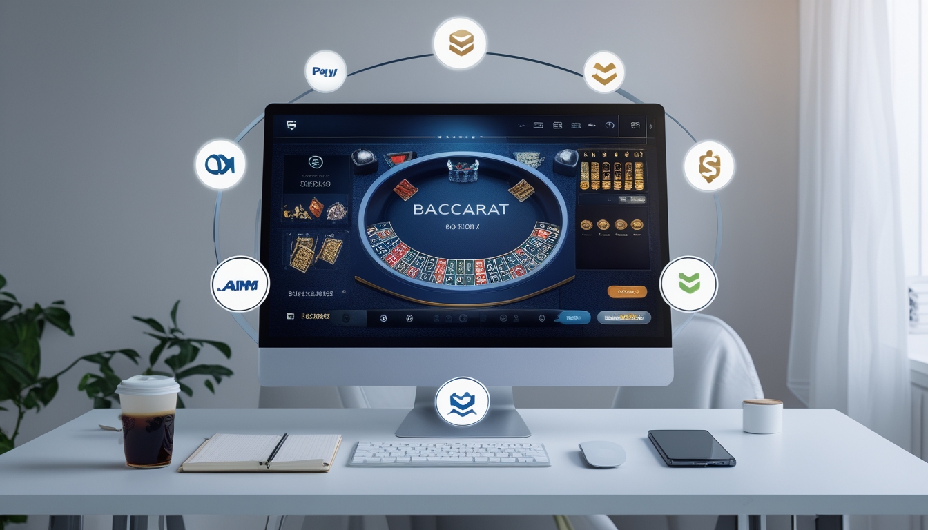 Seorang pengguna sedang bermain baccarat online di komputer dengan berbagai simbol metode pembayaran di latar belakang.