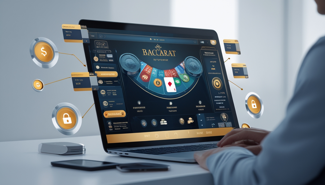 Sebuah meja dengan komputer menampilkan antarmuka permainan baccarat online resmi, dikelilingi oleh ikon metode pembayaran digital.