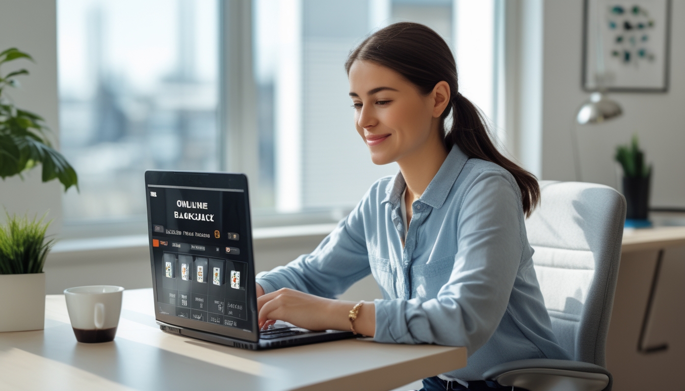 Seorang wanita muda duduk di meja kerja di rumah sambil bermain blackjack online di laptop dengan ekspresi fokus dan santai.
