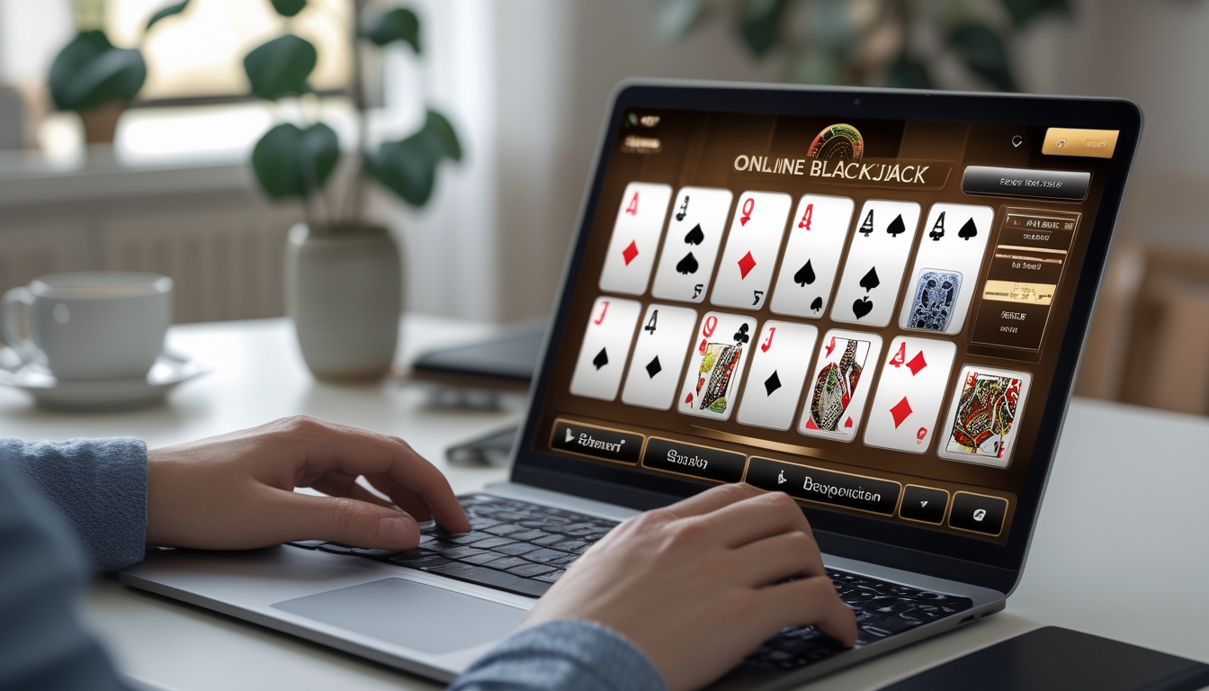Seseorang sedang bermain blackjack online di laptop di meja kerja yang rapi dengan suasana nyaman.