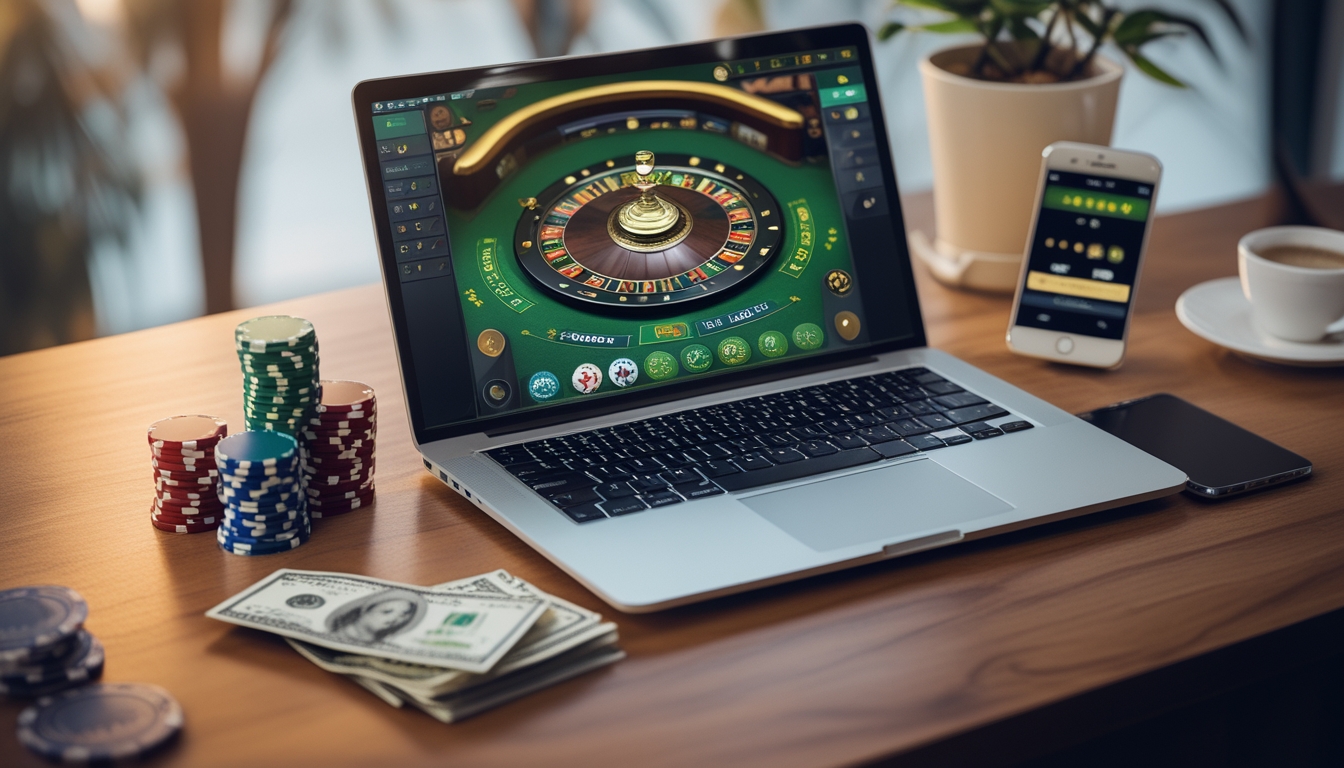 Seorang pemain blackjack online menggunakan laptop dengan chip poker dan uang di meja kayu di lingkungan rumah yang nyaman.