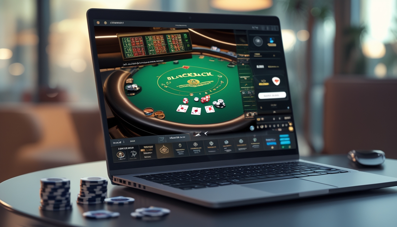Seorang pemain sedang bermain blackjack online di depan laptop dengan kartu dan chip poker di meja.