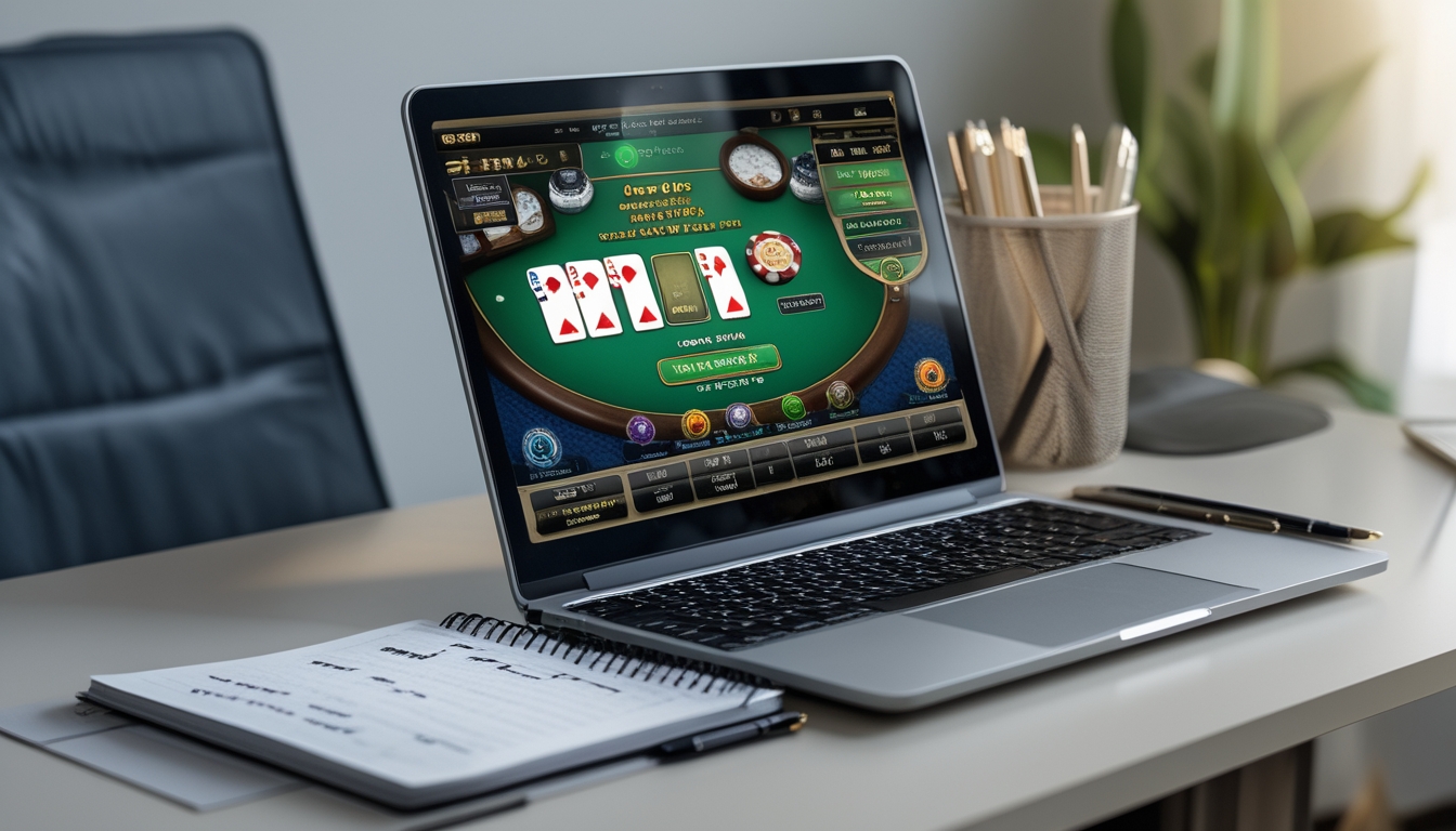 Seorang pemain sedang menggunakan laptop dengan permainan blackjack online terbuka, di sampingnya terdapat buku catatan dan pena di atas meja yang rapi.
