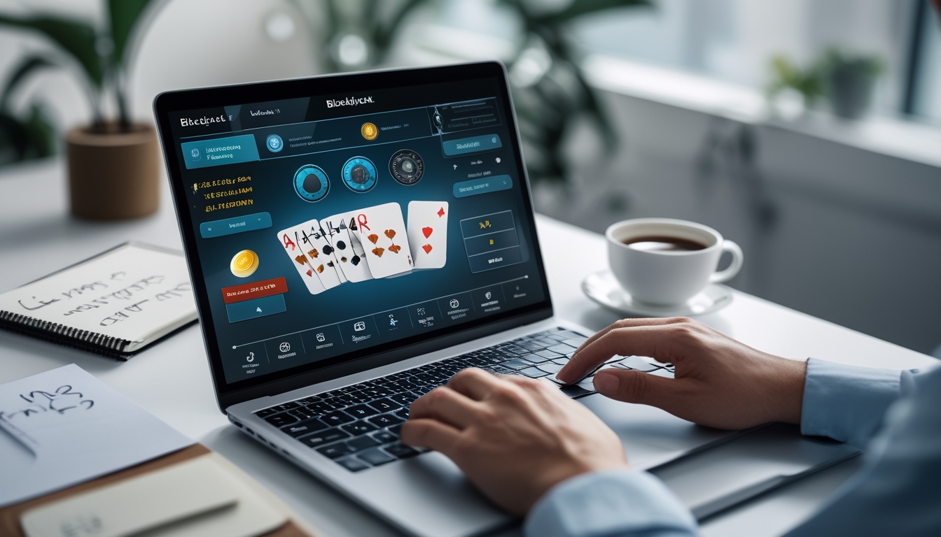 Seseorang bermain blackjack online di laptop dengan catatan dan kopi di meja.
