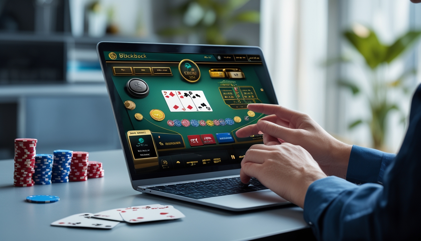 Seseorang bermain blackjack online di komputer dengan kartu dan chip di meja, di ruangan yang terang dan rapi.