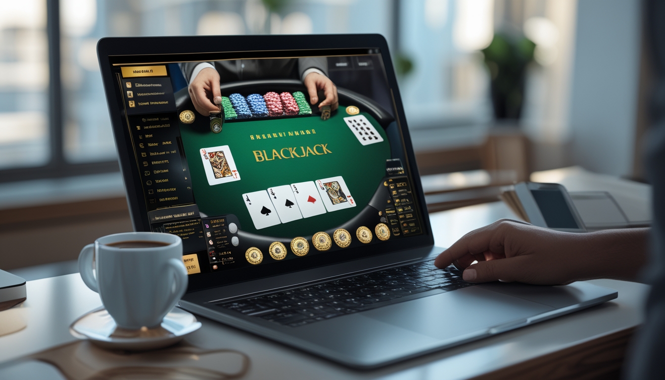 Sebuah meja blackjack online yang ditampilkan di layar komputer dengan kartu dan chip, di meja terdapat kopi dan ponsel.
