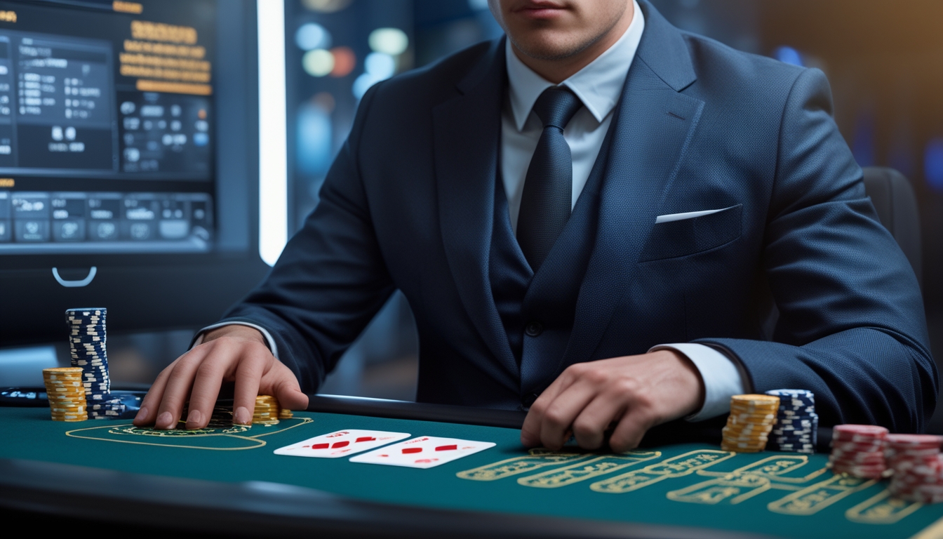 Seorang dealer blackjack online yang percaya diri duduk di depan meja blackjack digital dengan kartu dan chip terlihat di layar komputer.