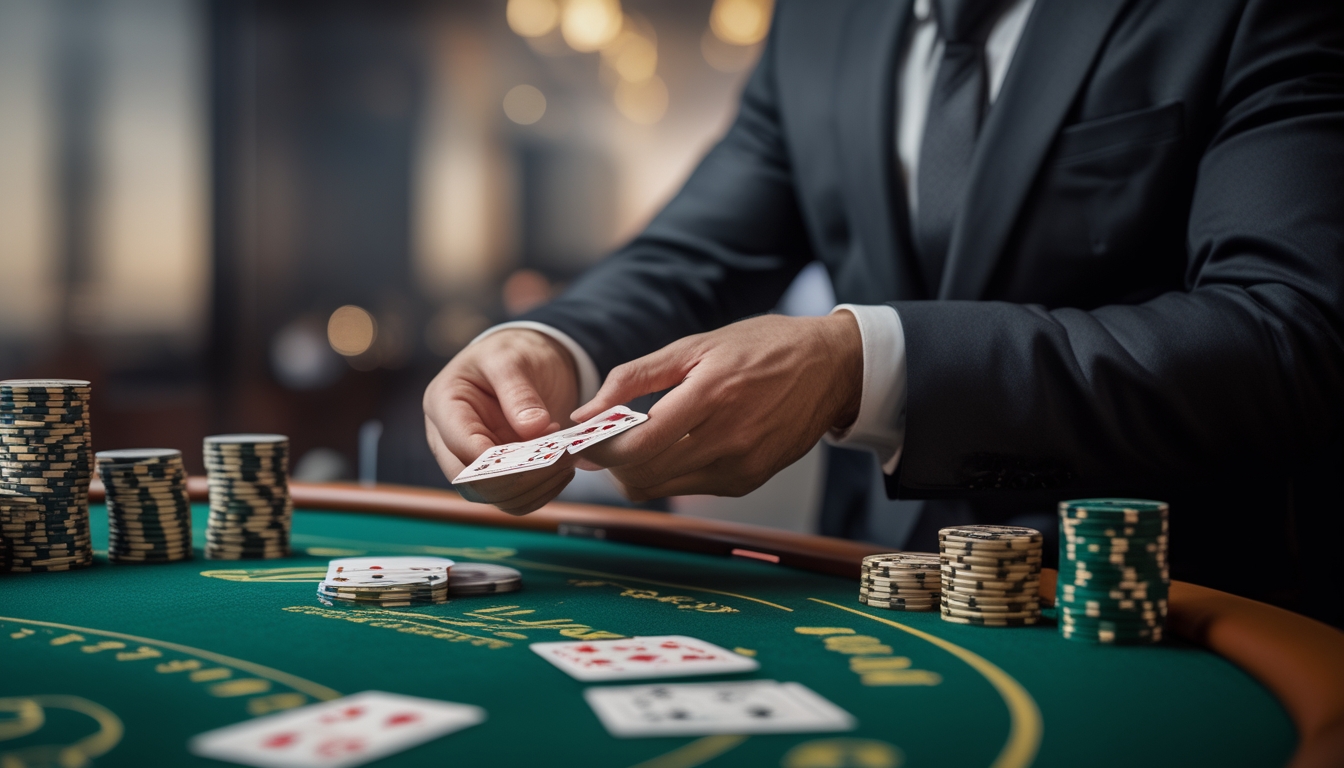Seorang dealer blackjack sedang membagikan kartu di meja hijau dengan tumpukan chip di kasino.