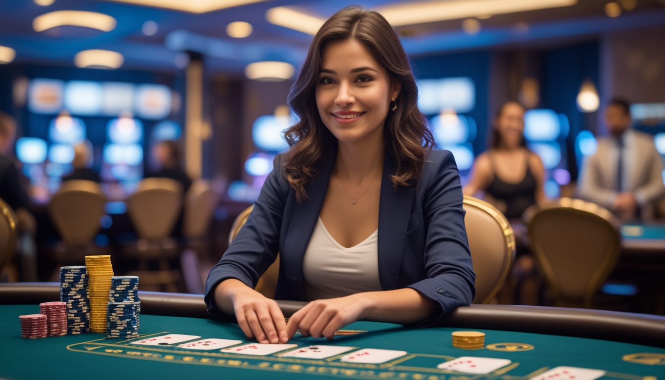 Seorang wanita muda duduk di meja blackjack di kasino, tersenyum sambil bermain kartu dengan tumpukan chip di depan.