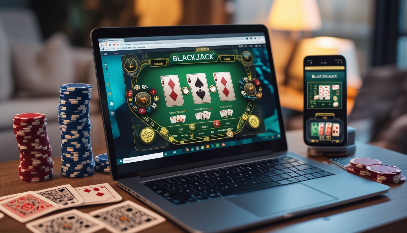 Seseorang bermain blackjack online di komputer dengan kartu dan chip poker di meja.