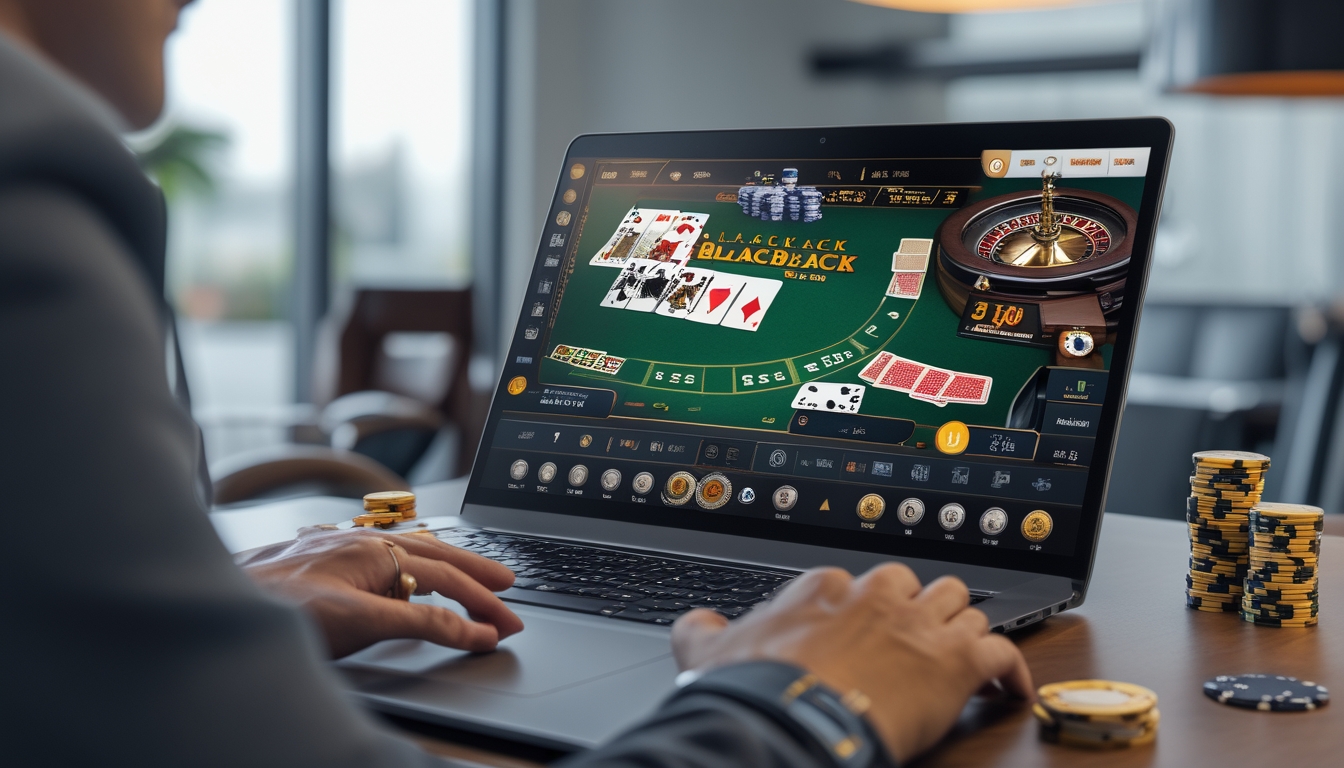 Seseorang bermain blackjack online di depan komputer dengan kartu dan chip di meja, di ruangan yang terang dan rapi.