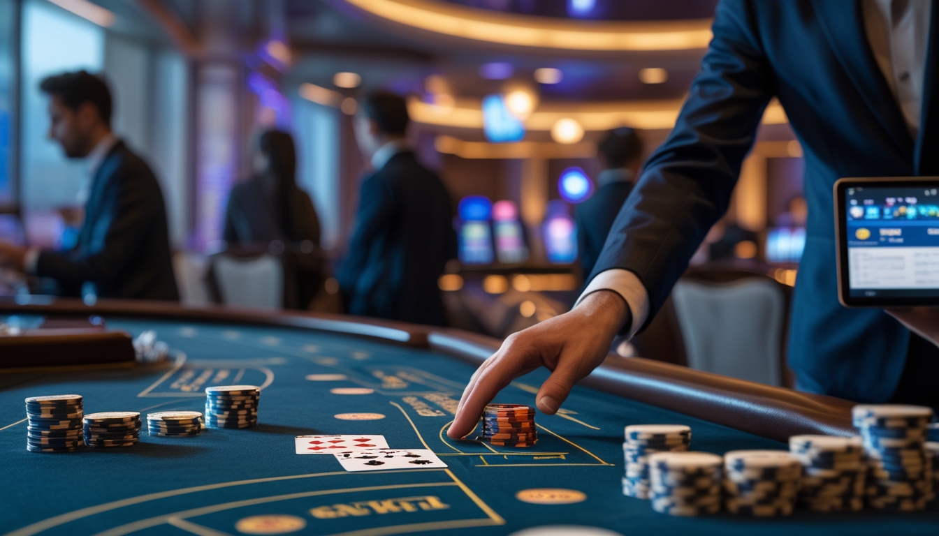 Seorang pemain berjubah rapi sedang bermain blackjack di meja kasino dengan kartu dan chip di depan mereka, di latar belakang terlihat suasana kasino dan perangkat digital yang menunjukkan permainan blackjack online.