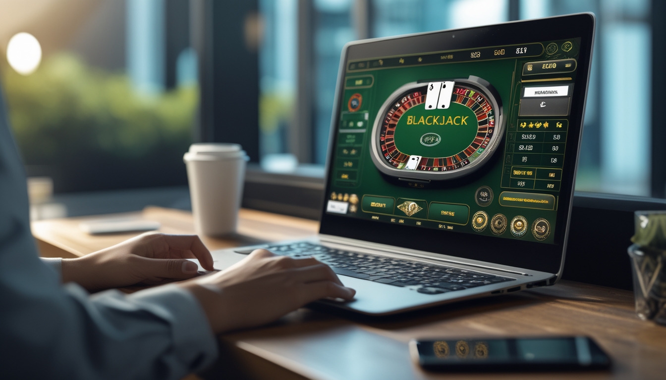 Seorang pemain blackjack online sedang fokus bermain di depan layar komputer dengan kartu dan chip terlihat jelas di meja kerja yang rapi.
