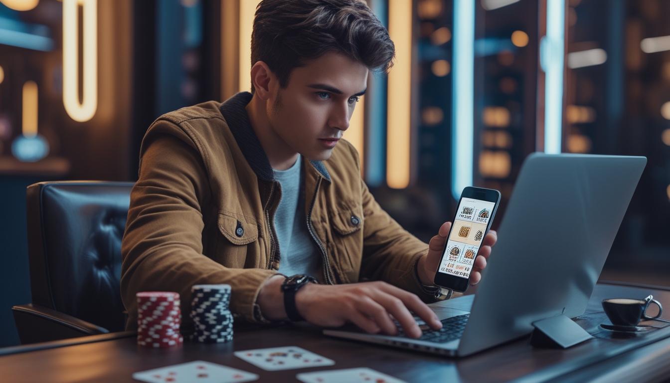 Seorang pria muda fokus bermain blackjack online di laptop dengan tumpukan chip poker di meja dan ponsel di tangan.